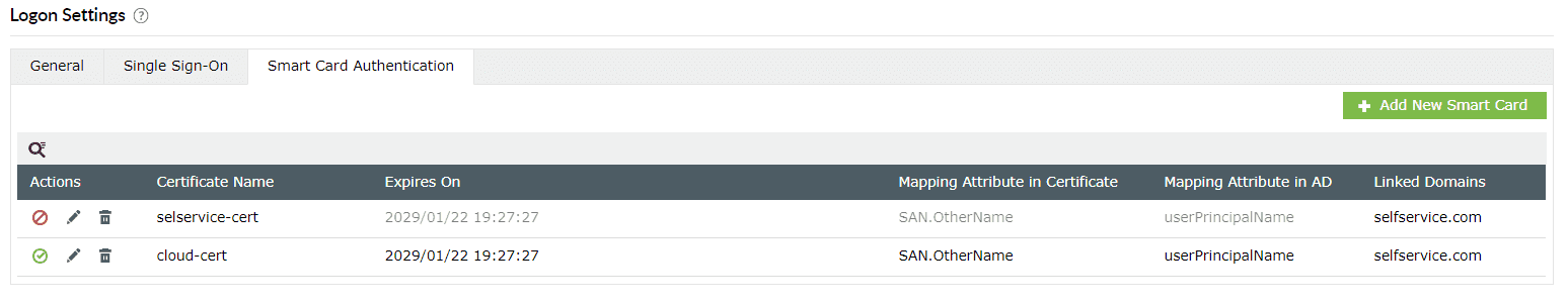 Adding, deleting, modifying and disabling smart cards in ADSelfService Plus.