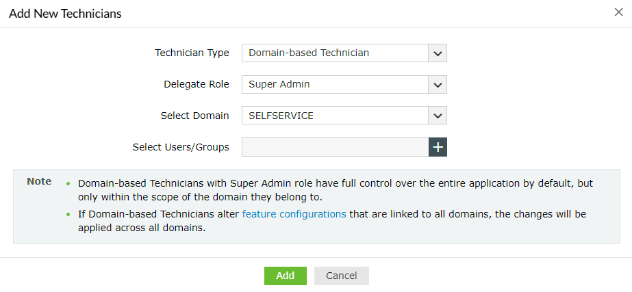 Adding new domain technicians in ADSelfService Plus