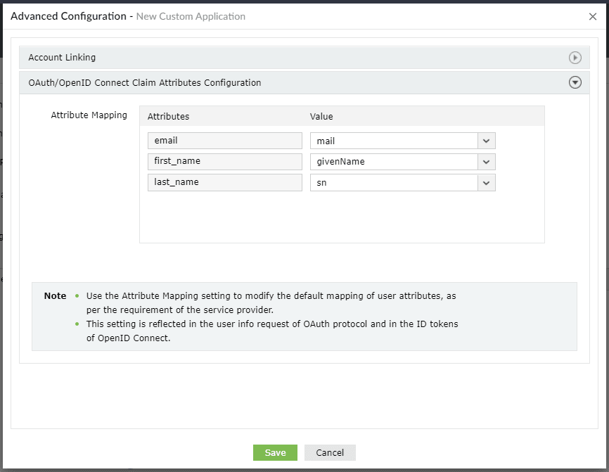 Custom OAuth app attribute mapping in ADSelfService Plus.