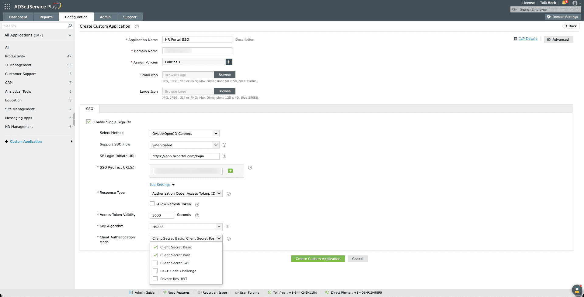 Custom OAuth app client authentication mode in ADSelfService Plus.
