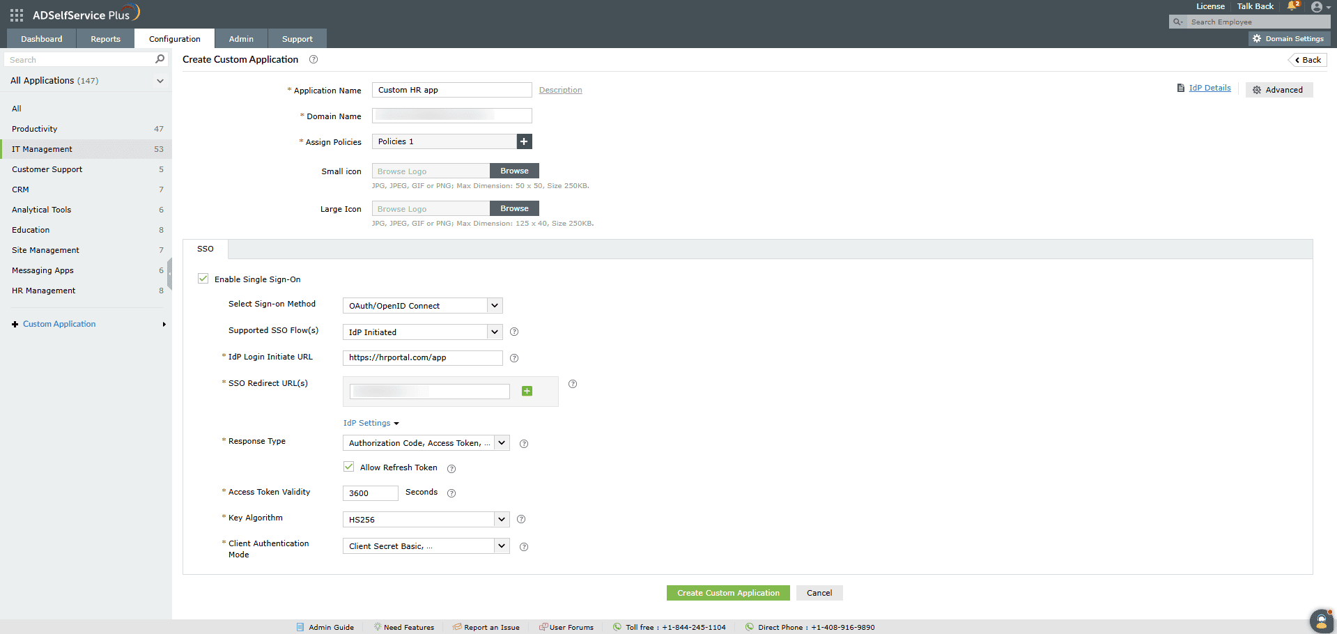Custom OAuth app IdP-initiated flow in ADSelfService Plus.