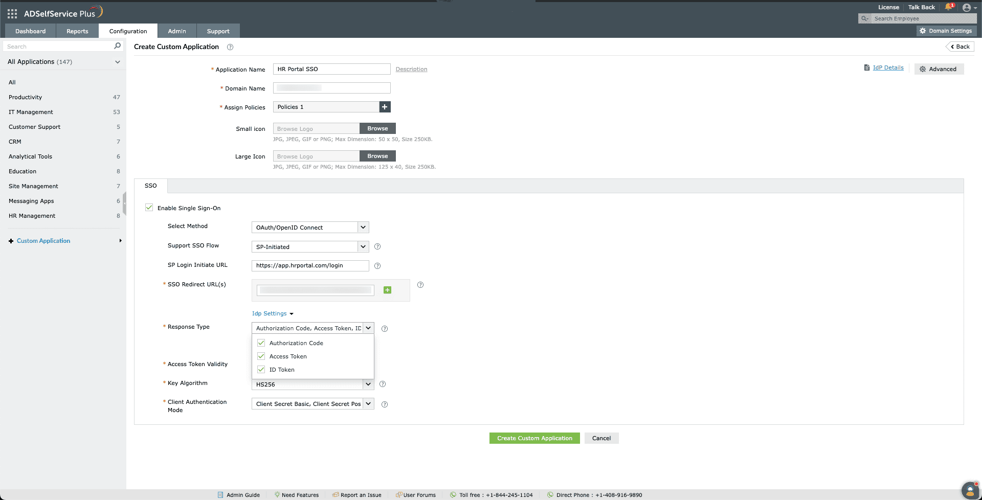 Custom OAuth app response type in ADSelfService Plus.