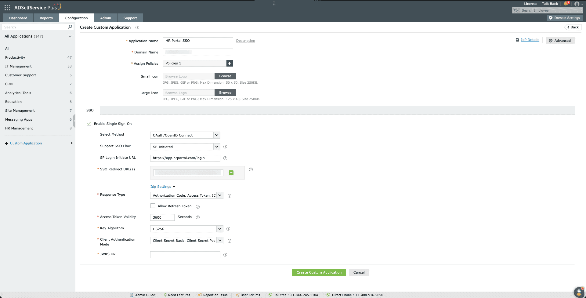 Custom OAuth app JKWS URL in ADSelfService Plus.