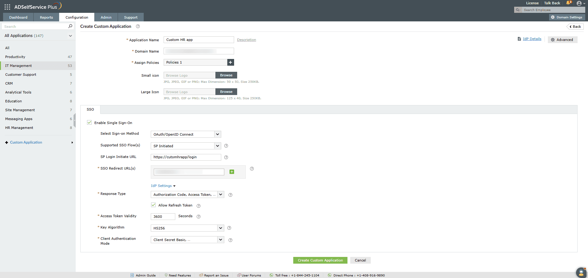 Custom OAuth app SP-initiated flow in ADSelfService Plus.